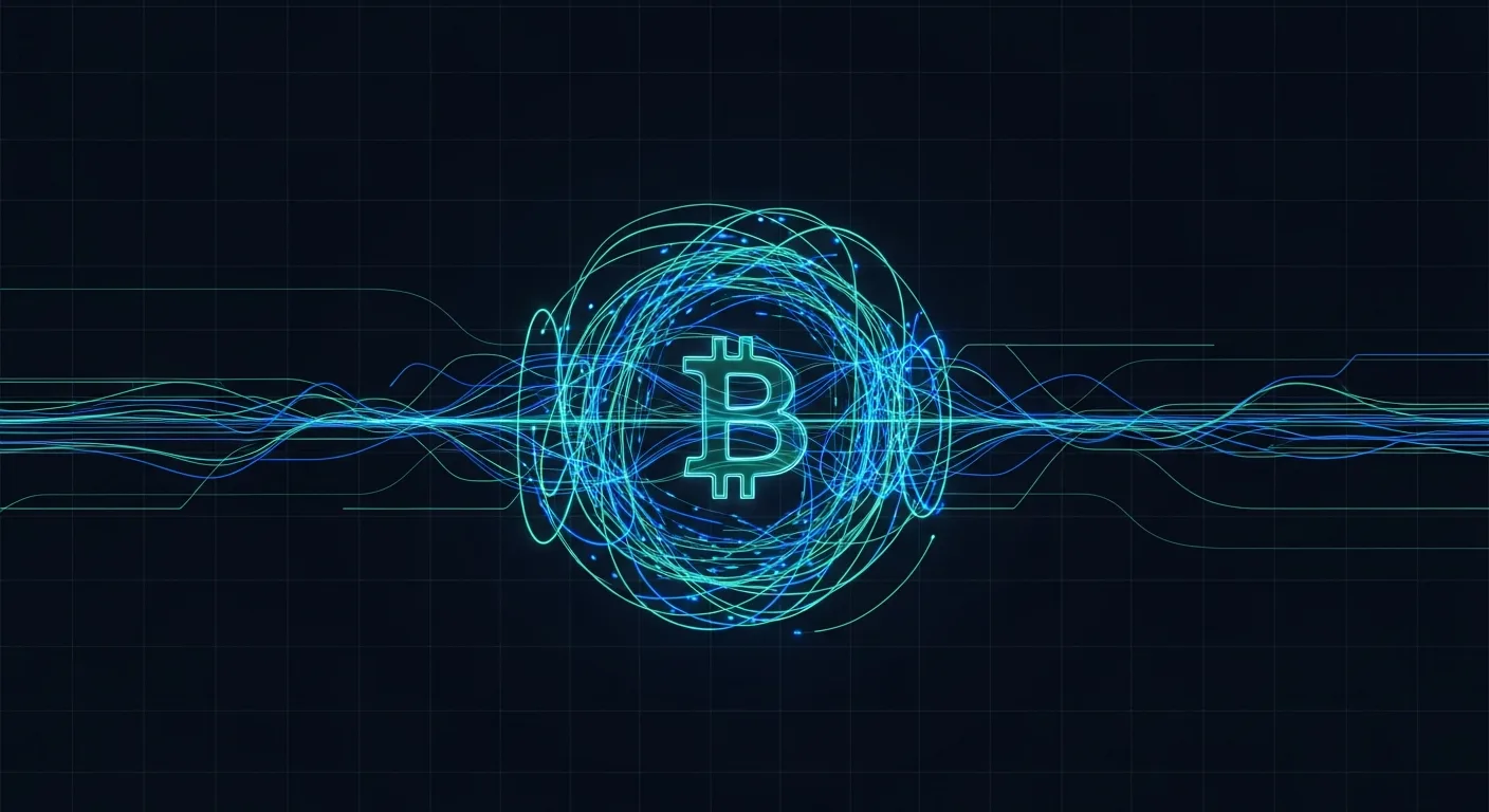 Abstract editorial data-visualization illustration in balanced, blue-toned tones representing BTC and the broader cryptocurrency market — crypto scenario analysis.