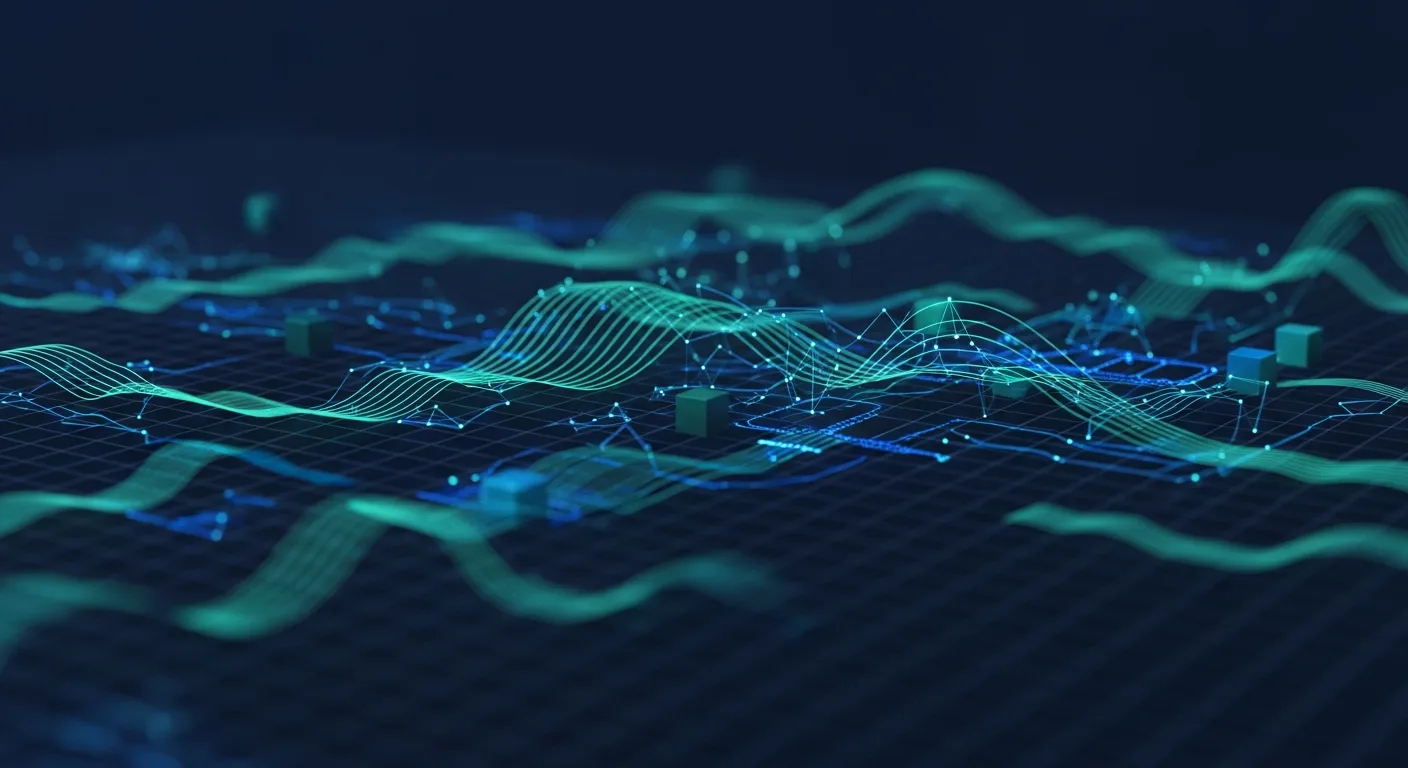 Abstract editorial data-visualization illustration in balanced, blue-toned tones representing ETH and the broader cryptocurrency market — crypto scenario analysis.