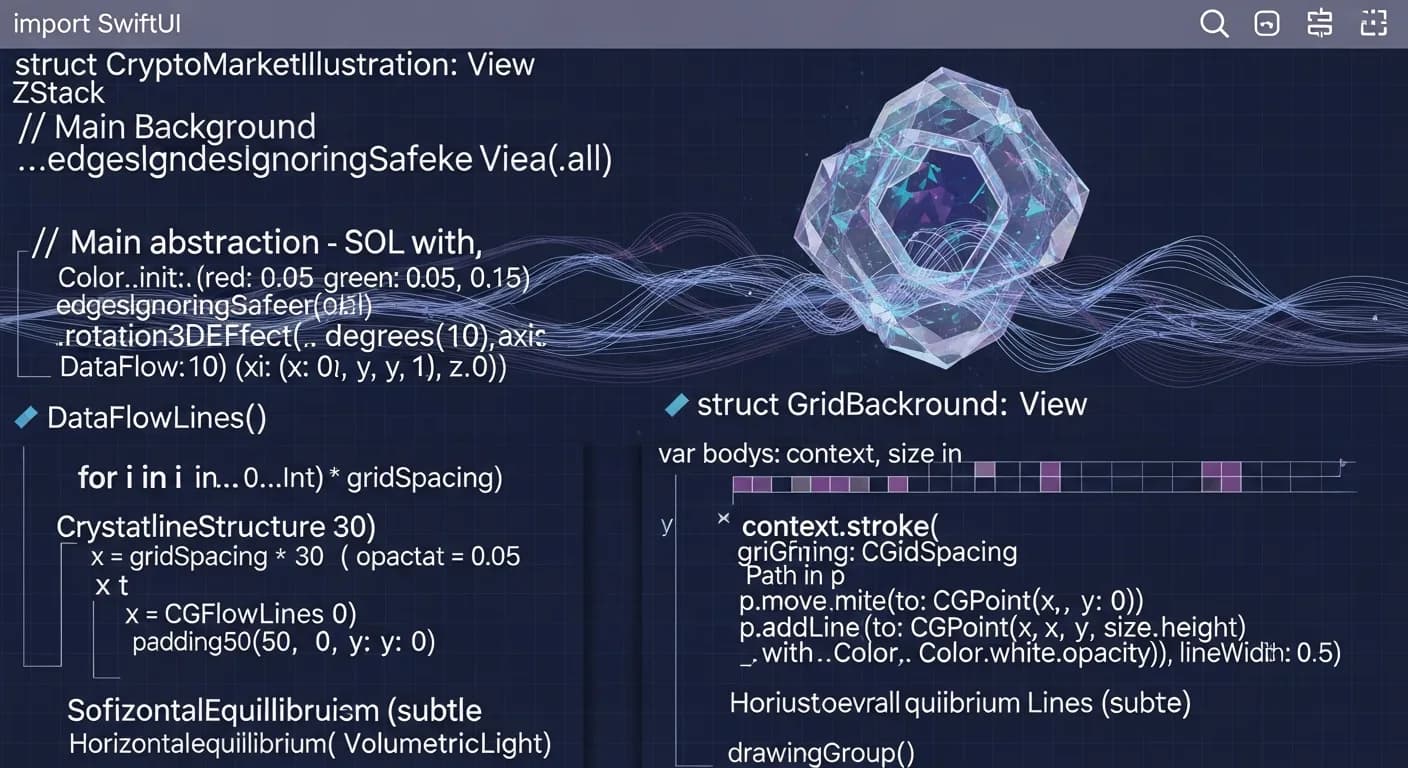 Abstract editorial data-visualization illustration in balanced, blue-toned tones representing SOL and the broader cryptocurrency market — crypto scenario analysis.