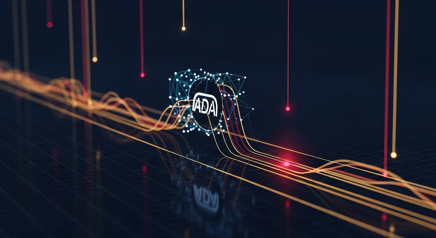 Abstract editorial data-visualization illustration in crimson, downward-flowing tones representing ADA and the broader cryptocurrency market — crypto scenario analysis.