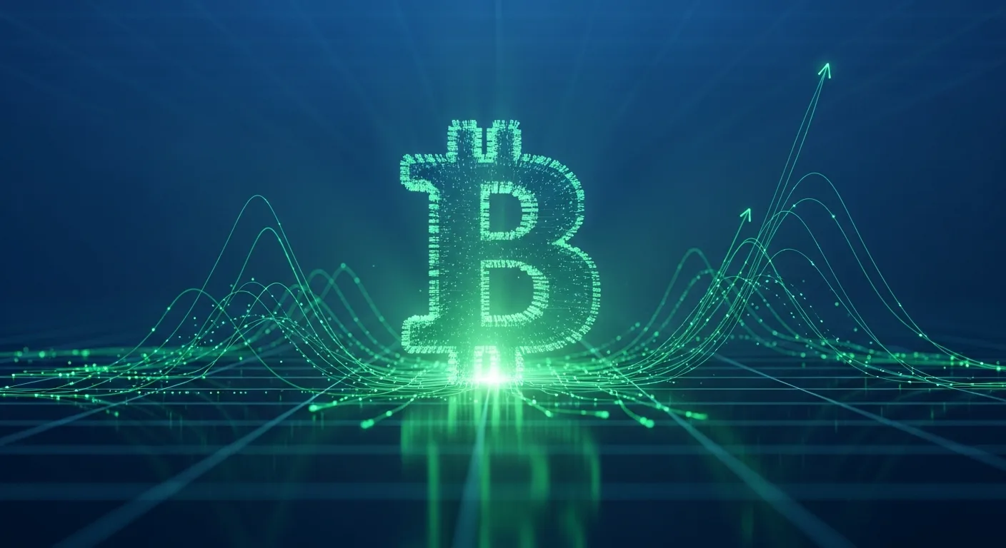 Abstract editorial data-visualization illustration in emerald-green, upward-flowing tones representing BTC and the broader cryptocurrency market — crypto scenario analysis.