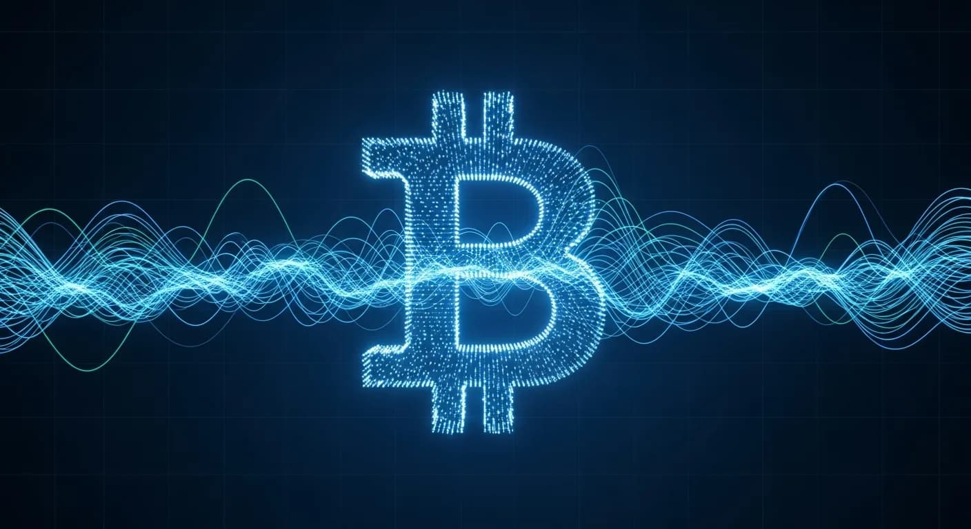 Abstract editorial data-visualization illustration in balanced, blue-toned tones representing BTC and the broader cryptocurrency market — crypto scenario analysis.