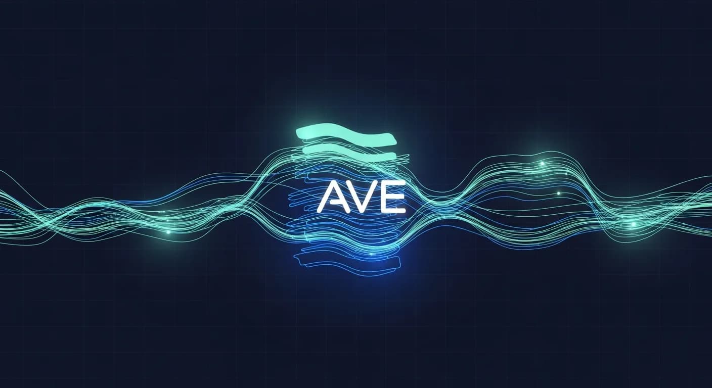 Abstract editorial data-visualization illustration in balanced, blue-toned tones representing AAVE and the broader cryptocurrency market — crypto scenario analysis.