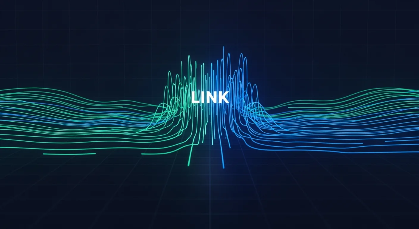 Abstract editorial data-visualization illustration in balanced, blue-toned tones representing LINK and the broader cryptocurrency market — crypto scenario analysis.