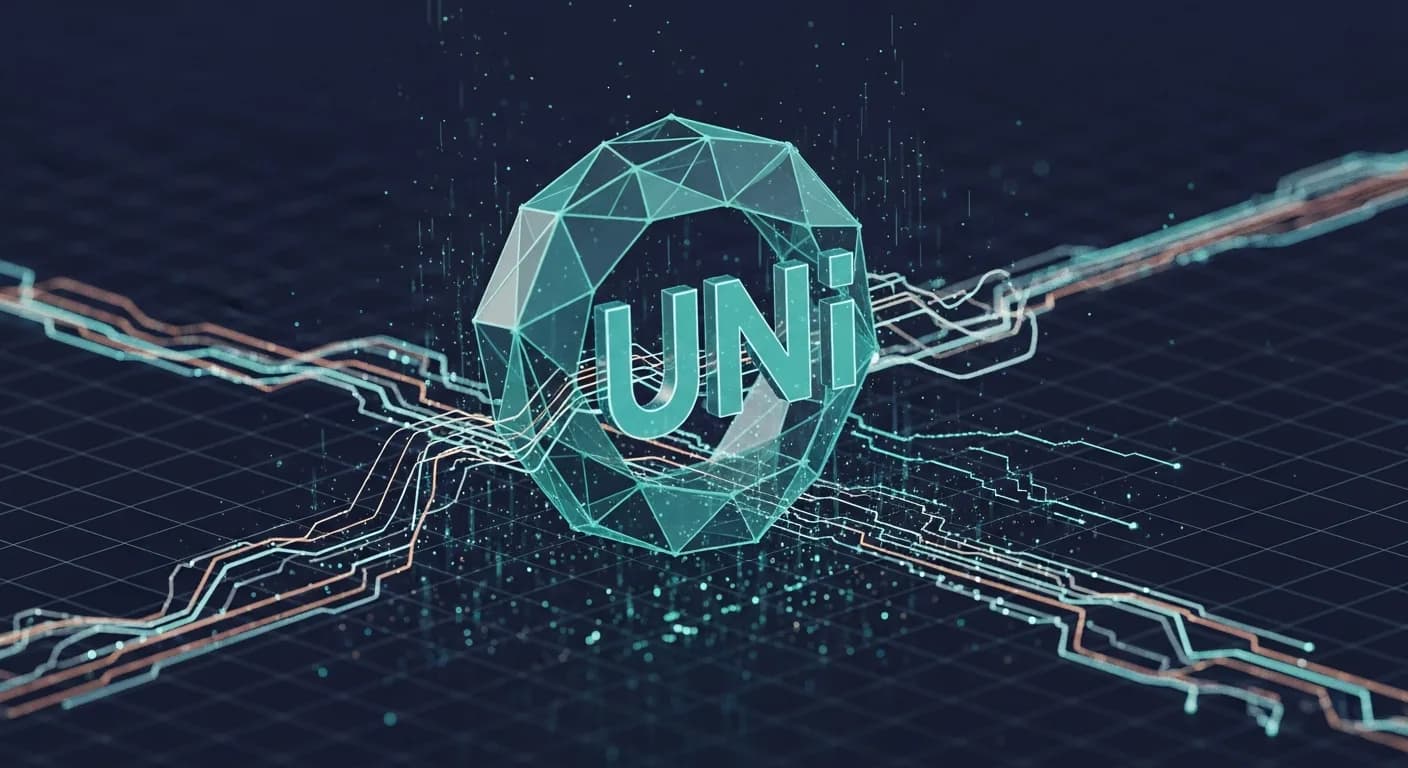 Abstract editorial data-visualization illustration in balanced, blue-toned tones representing UNI and the broader cryptocurrency market — crypto scenario analysis.
