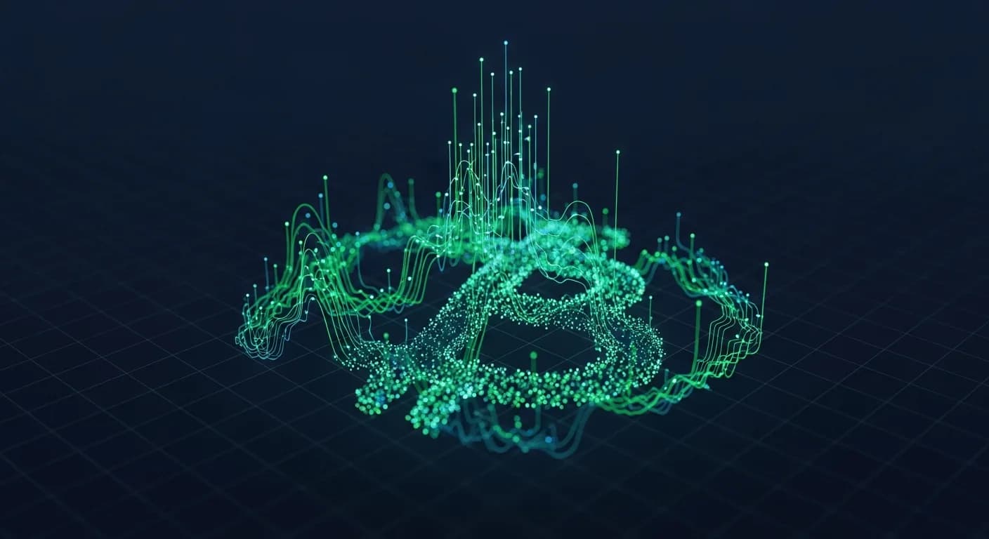 Abstract editorial data-visualization illustration in emerald-green, upward-flowing tones representing BTC and the broader cryptocurrency market — crypto scenario analysis.