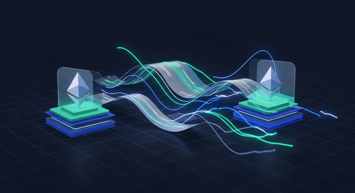 Abstract editorial data-visualization illustration in balanced, blue-toned tones representing ETH and the broader cryptocurrency market — crypto scenario analysis.