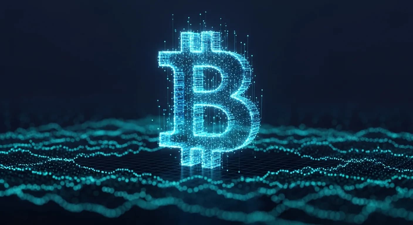 Abstract editorial data-visualization illustration in balanced, blue-toned tones representing BTC and the broader cryptocurrency market — crypto scenario analysis.