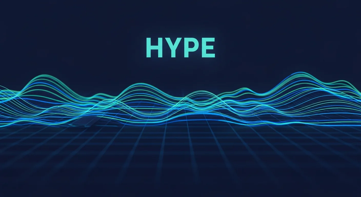 Abstract editorial data-visualization illustration in balanced, blue-toned tones representing HYPE and the broader cryptocurrency market — crypto scenario analysis.