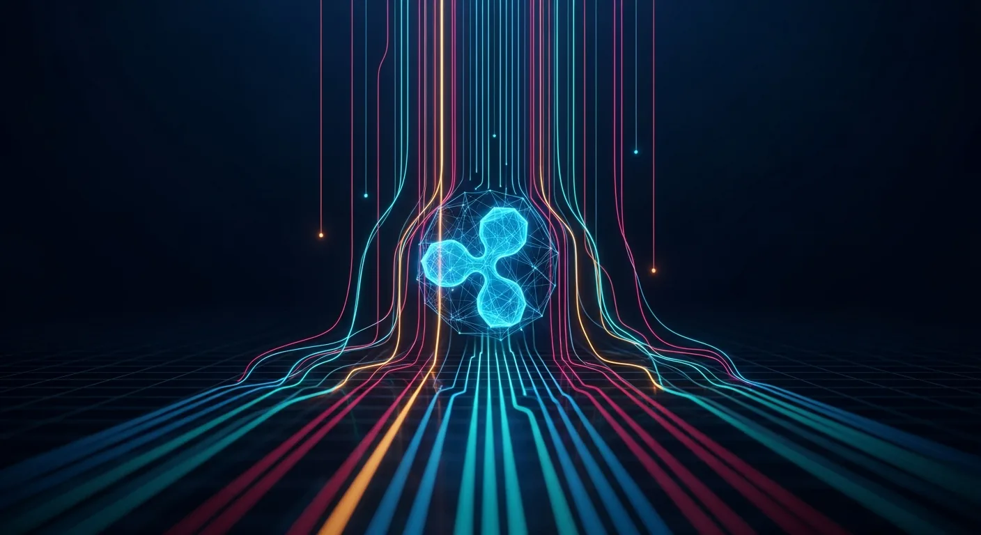 Abstract editorial data-visualization illustration in crimson, downward-flowing tones representing XRP and the broader cryptocurrency market — crypto scenario analysis.