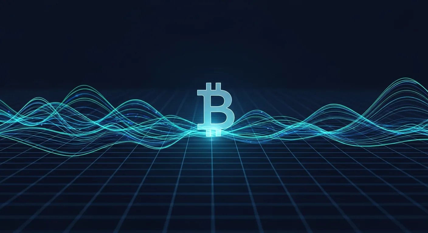 Abstract editorial data-visualization illustration in balanced, blue-toned tones representing BTC and the broader cryptocurrency market — crypto scenario analysis.