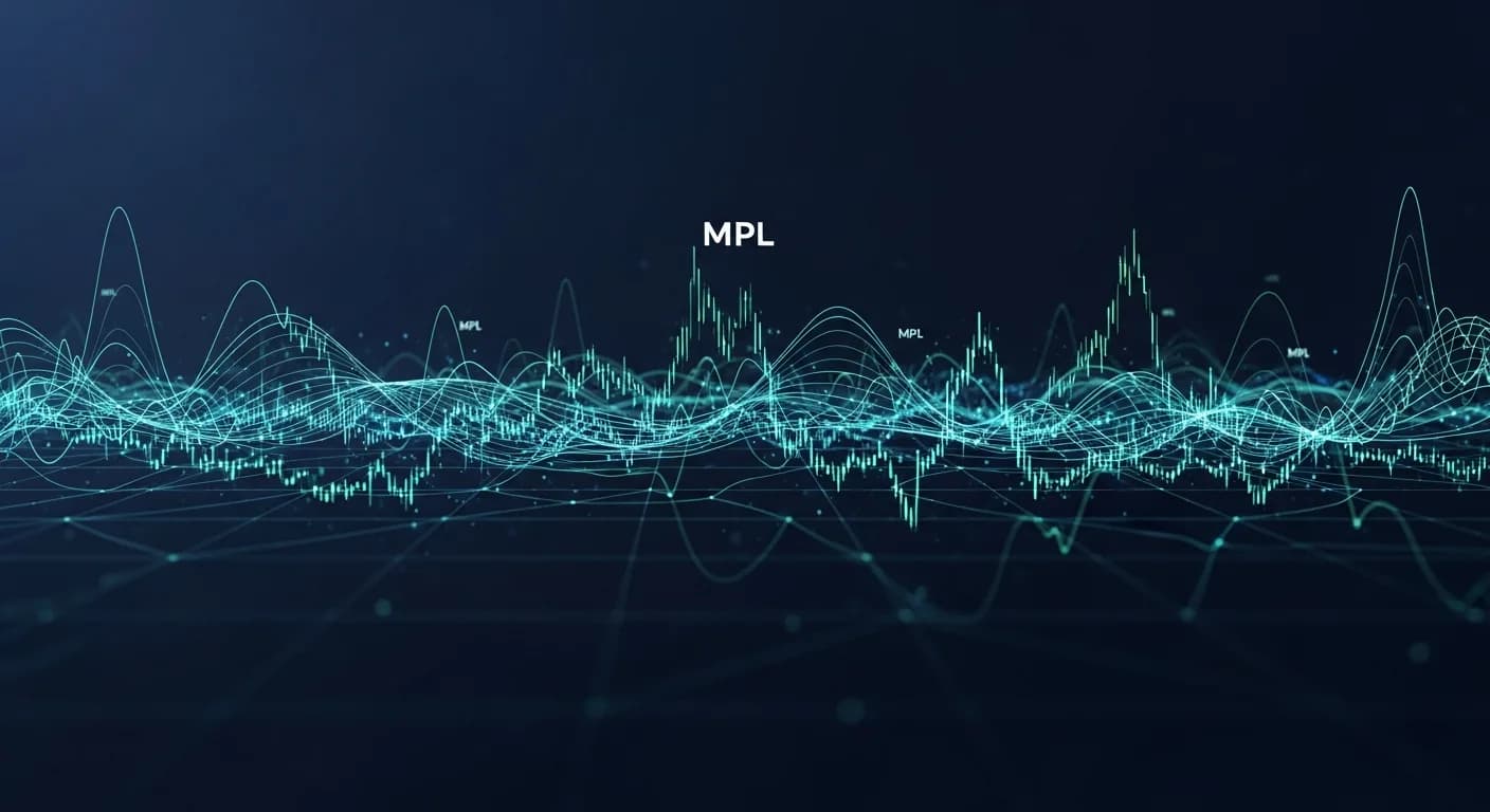 Abstract editorial data-visualization illustration in balanced, blue-toned tones representing MPL and the broader cryptocurrency market — crypto scenario analysis.