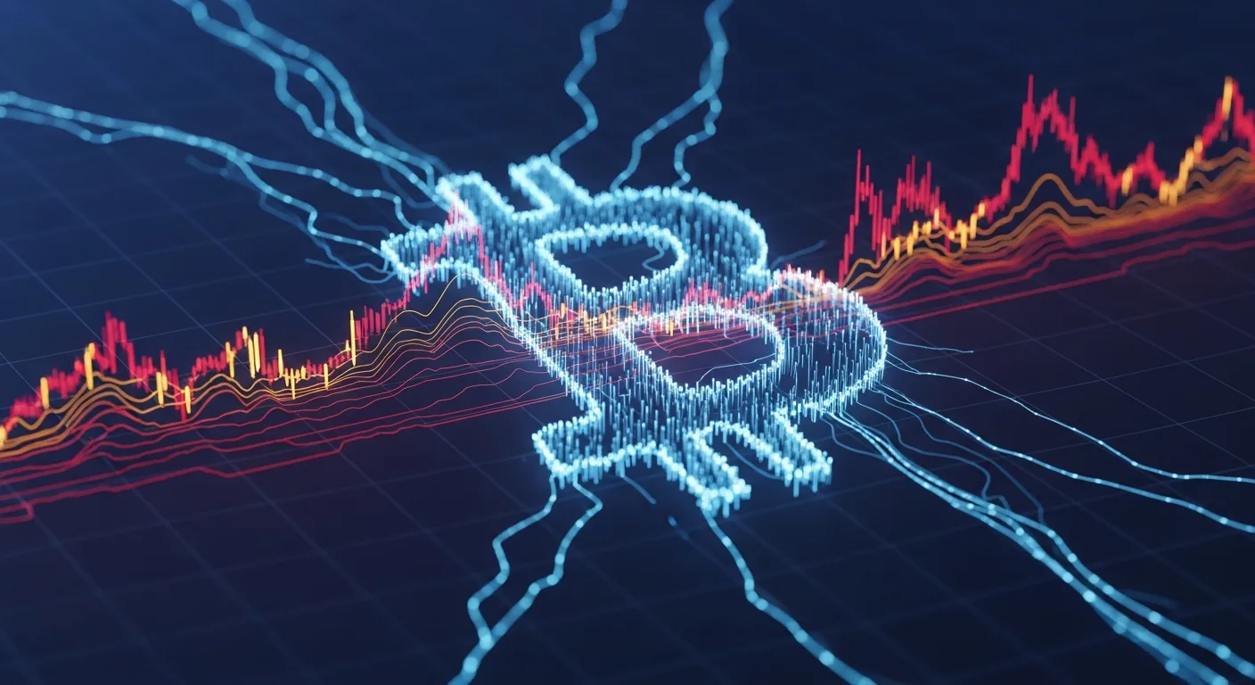 Abstract editorial data-visualization illustration in crimson, downward-flowing tones representing BTC and the broader cryptocurrency market — crypto scenario analysis.