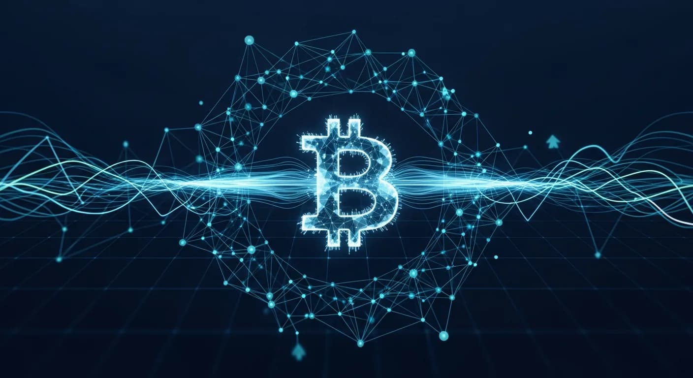 Abstract editorial data-visualization illustration in balanced, blue-toned tones representing BTC and the broader cryptocurrency market — crypto scenario analysis.