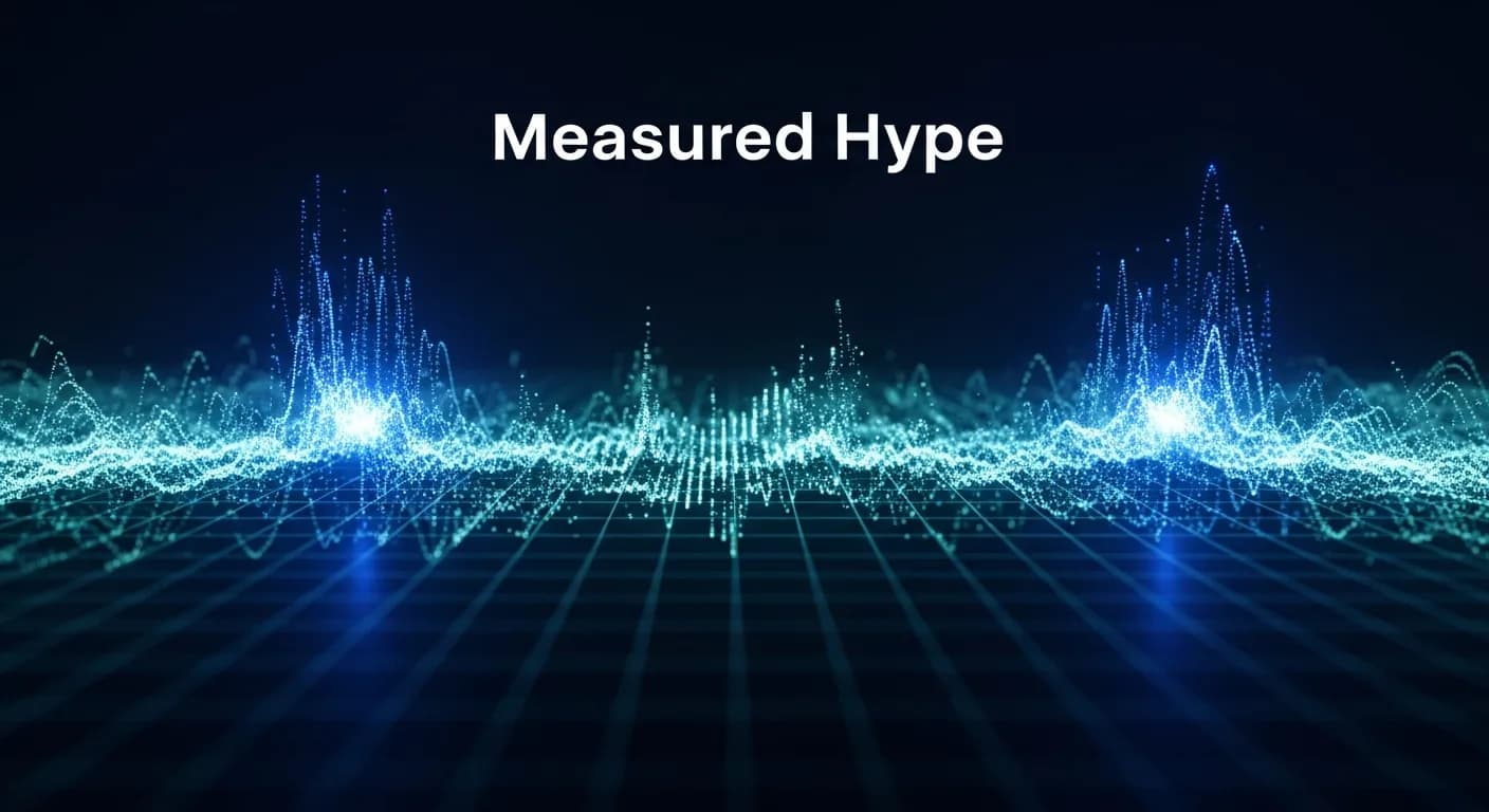 Abstract editorial data-visualization illustration in balanced, blue-toned tones representing HYPE and the broader cryptocurrency market — crypto scenario analysis.