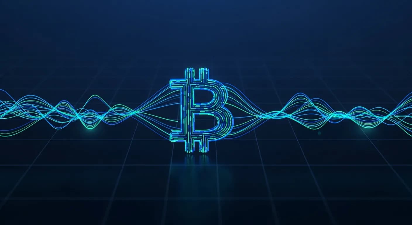 Abstract editorial data-visualization illustration in balanced, blue-toned tones representing BTC and the broader cryptocurrency market — crypto scenario analysis.