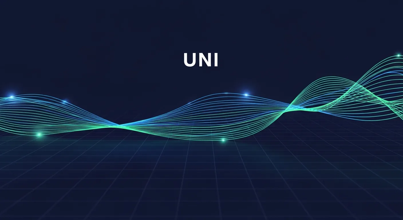 Abstract editorial data-visualization illustration in balanced, blue-toned tones representing UNI and the broader cryptocurrency market — crypto scenario analysis.