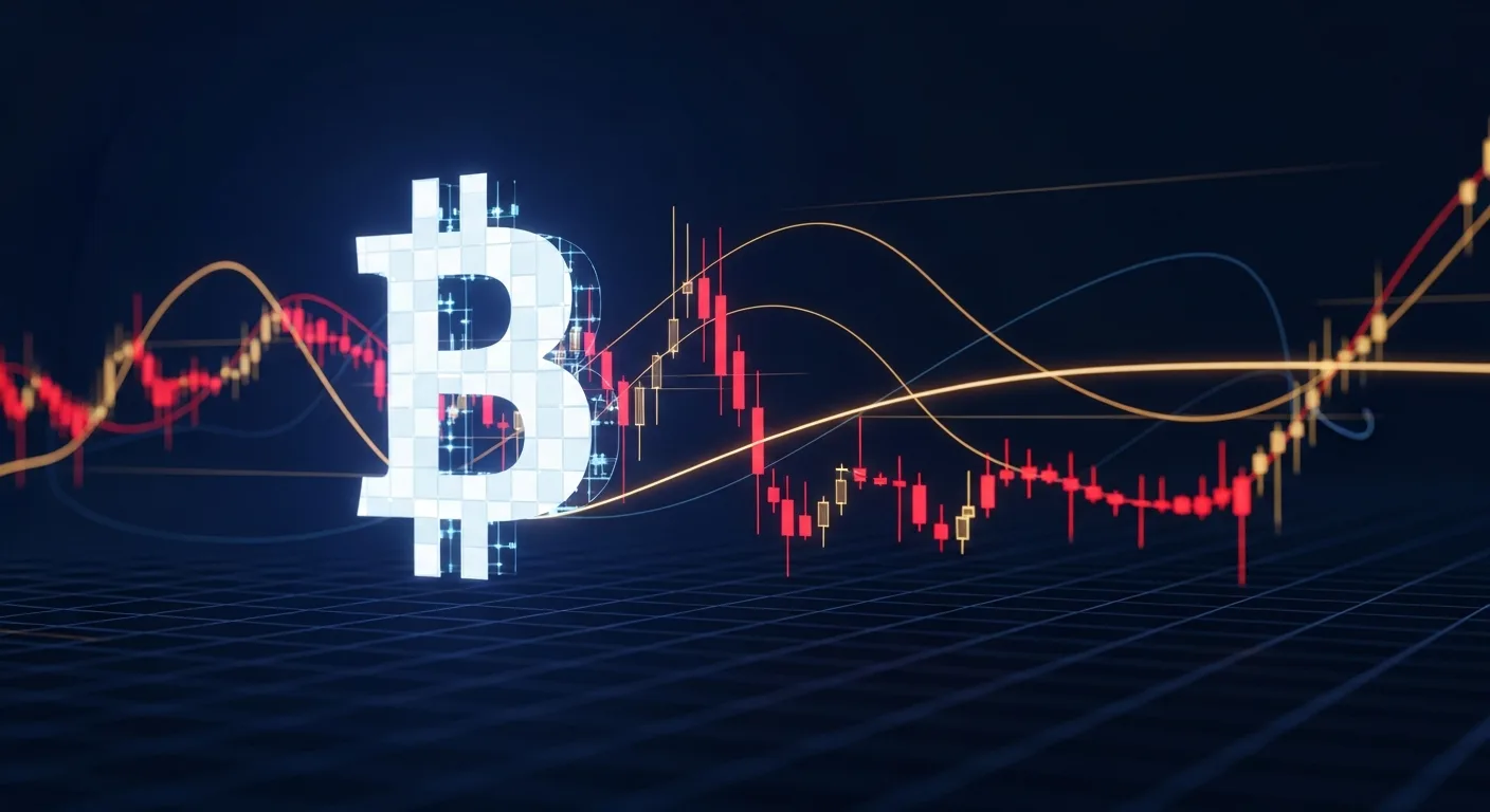 Abstract editorial data-visualization illustration in crimson, downward-flowing tones representing BTC and the broader cryptocurrency market — crypto scenario analysis.