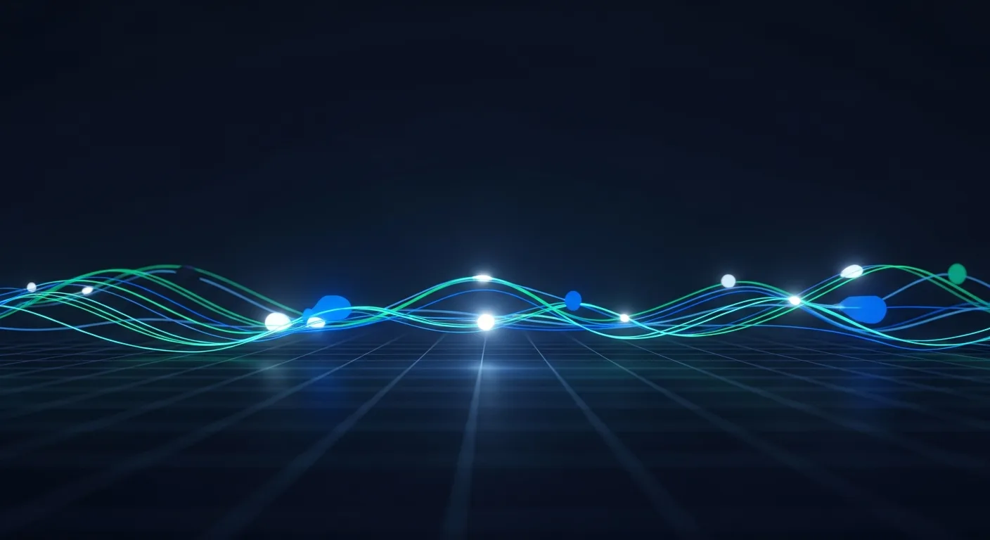 Abstract editorial data-visualization illustration in balanced, blue-toned tones representing HNT and the broader cryptocurrency market — crypto scenario analysis.