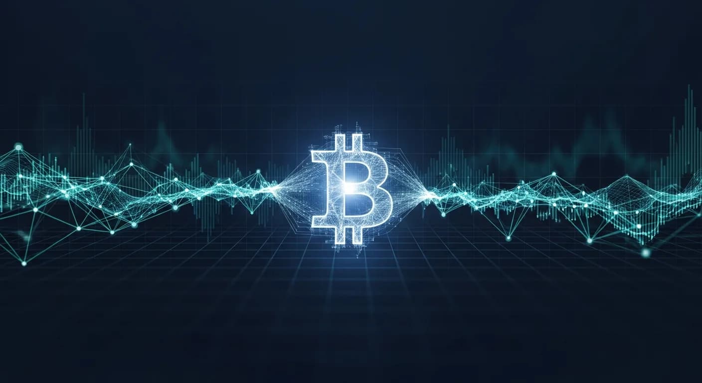 Abstract editorial data-visualization illustration in balanced, blue-toned tones representing BTC and the broader cryptocurrency market — crypto scenario analysis.