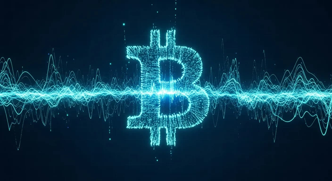 Abstract editorial data-visualization illustration in balanced, blue-toned tones representing BTC and the broader cryptocurrency market — crypto scenario analysis.