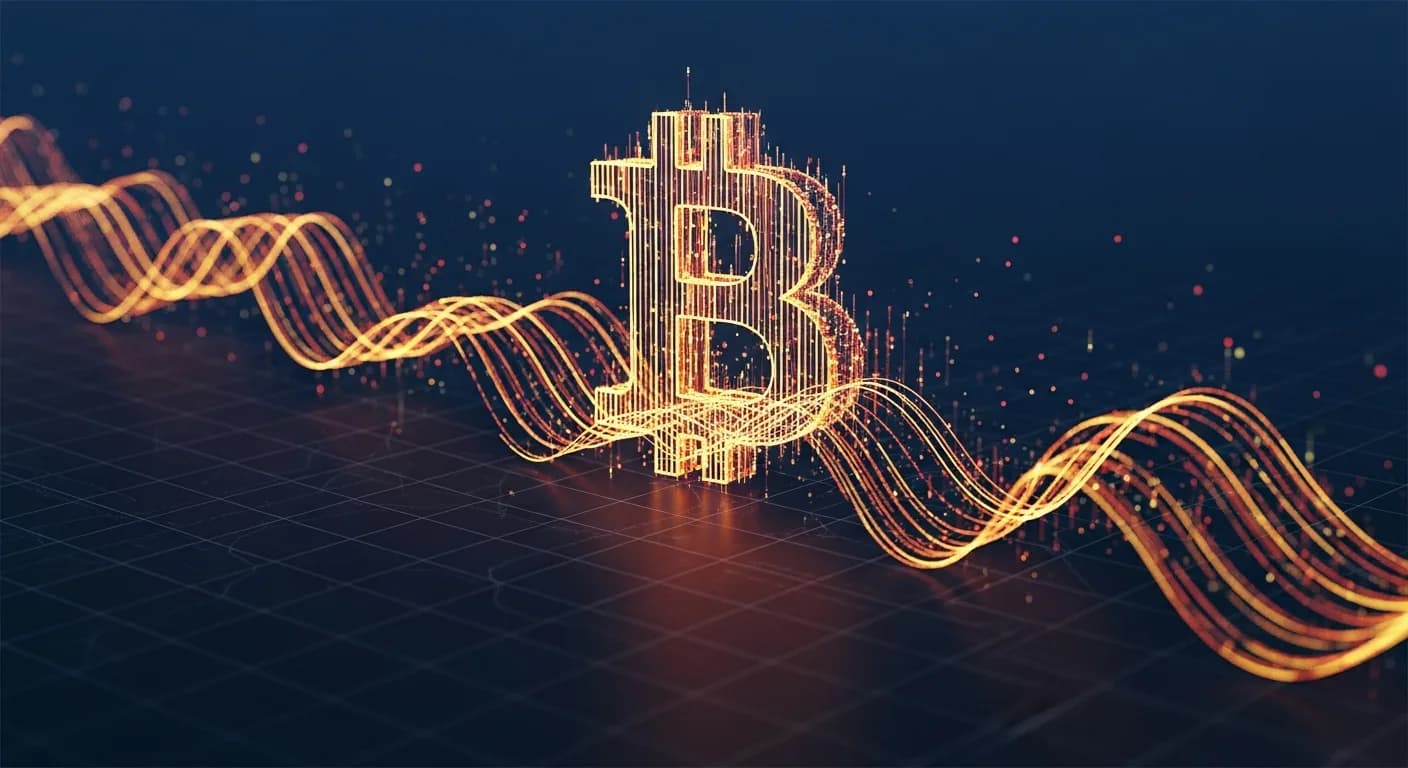 Abstract editorial data-visualization illustration in crimson, downward-flowing tones representing BTC and the broader cryptocurrency market — crypto scenario analysis.