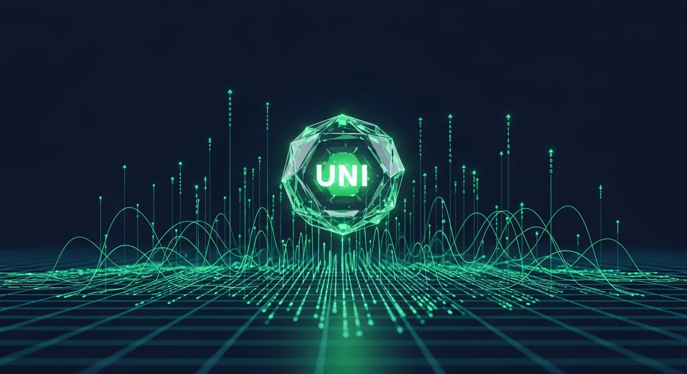Abstract editorial data-visualization illustration in emerald-green, upward-flowing tones representing UNI and the broader cryptocurrency market — crypto scenario analysis.