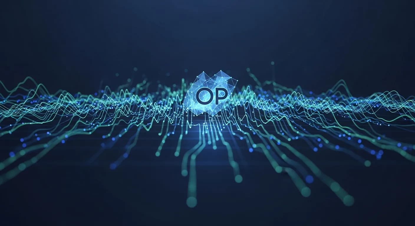 Abstract editorial data-visualization illustration in balanced, blue-toned tones representing OP and the broader cryptocurrency market — crypto scenario analysis.