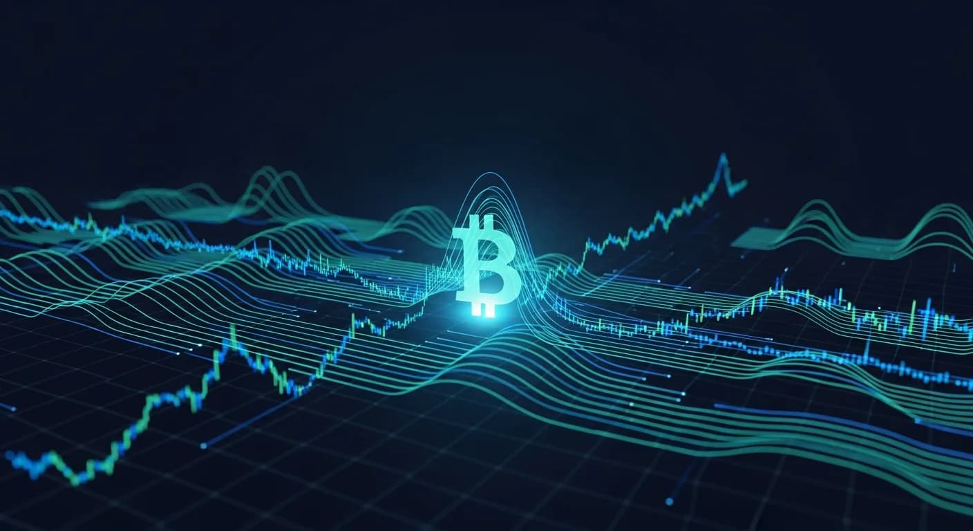 Abstract editorial data-visualization illustration in balanced, blue-toned tones representing BTC and the broader cryptocurrency market — crypto scenario analysis.