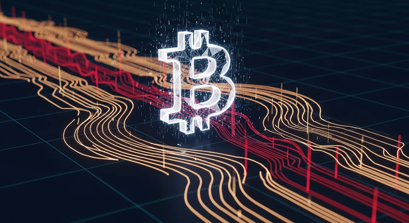 Abstract editorial data-visualization illustration in crimson, downward-flowing tones representing BTC and the broader cryptocurrency market — crypto scenario analysis.