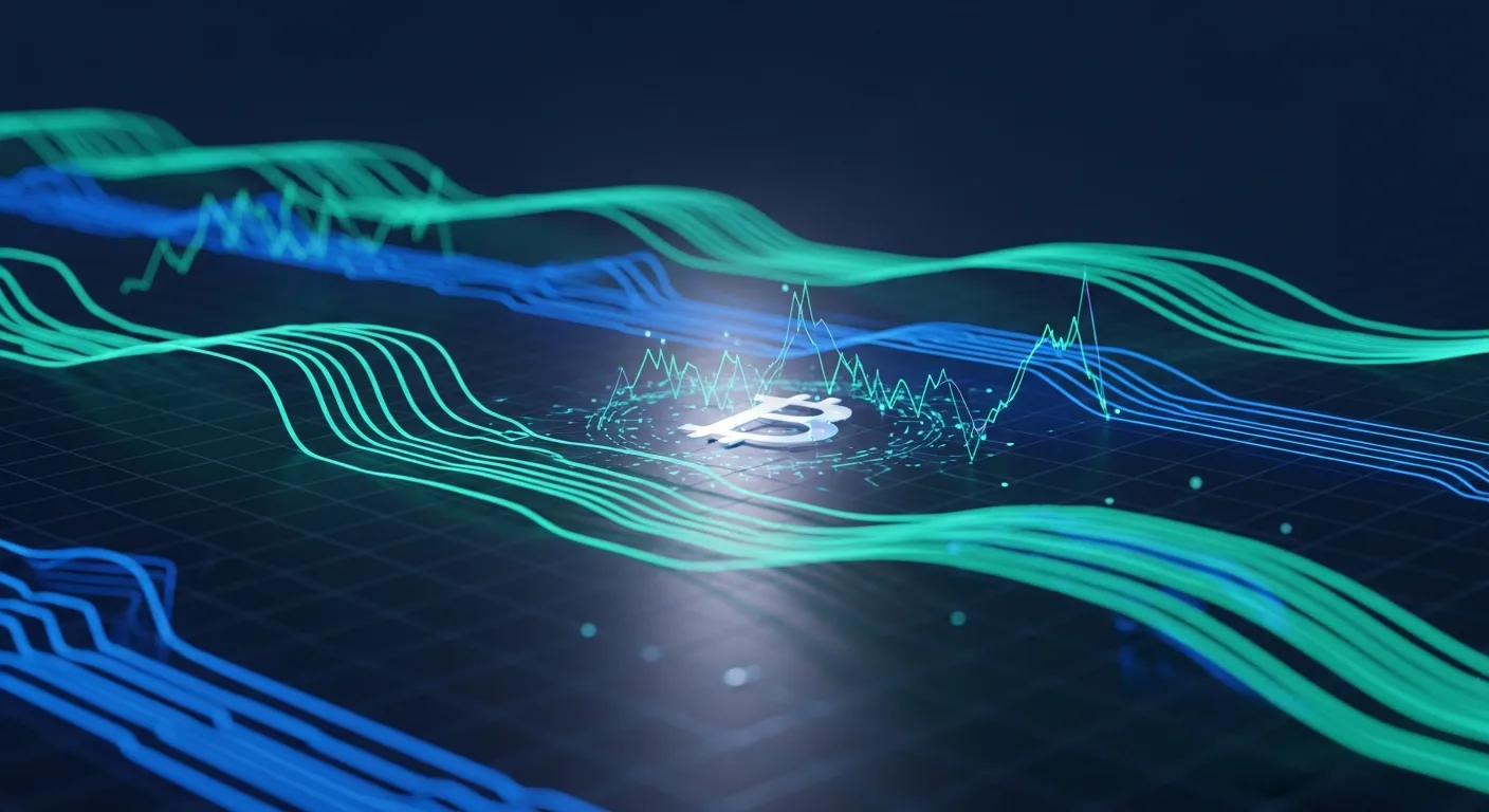 Abstract editorial data-visualization illustration in balanced, blue-toned tones representing BTC and the broader cryptocurrency market — crypto scenario analysis.