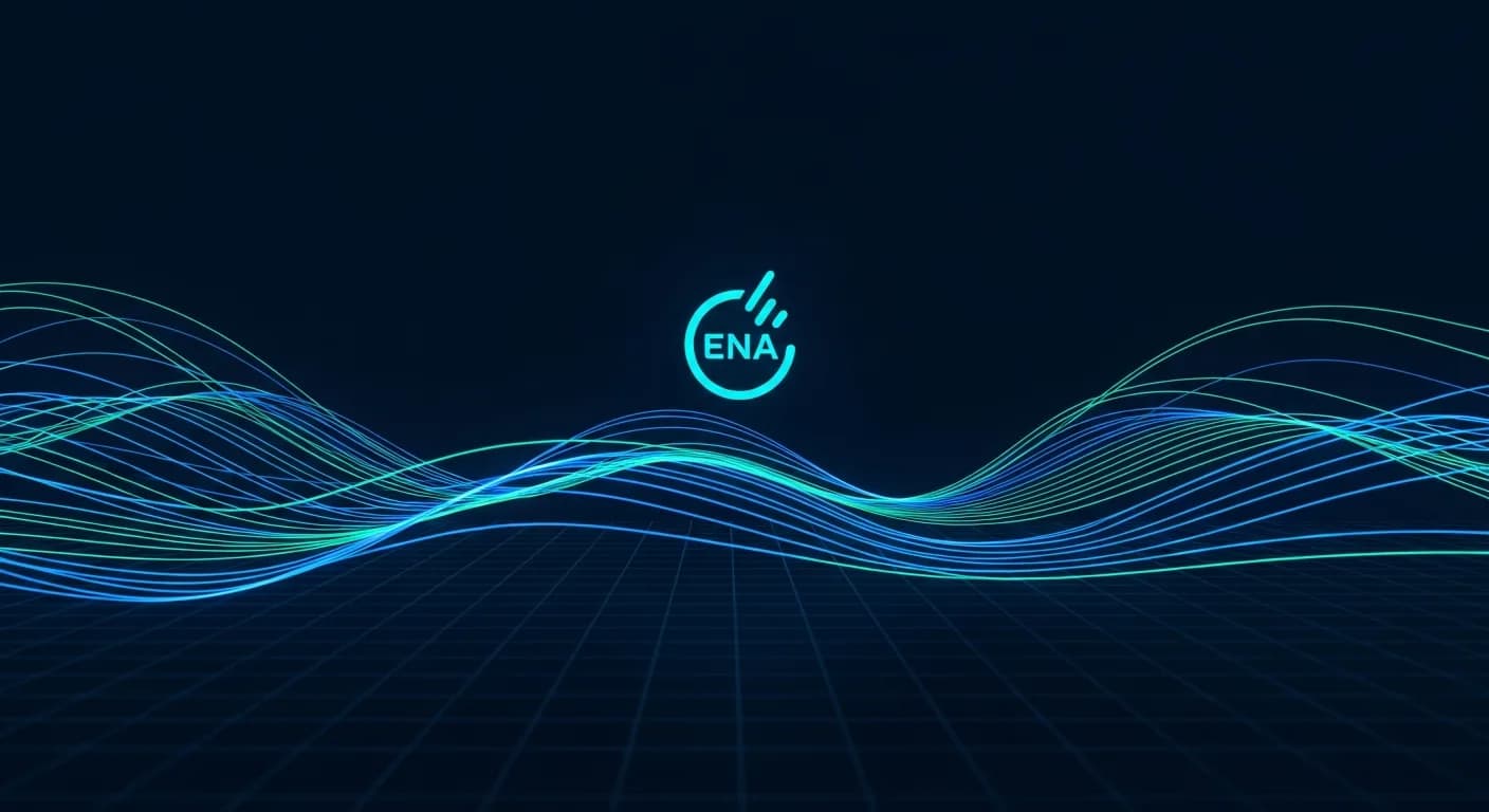 Abstract editorial data-visualization illustration in balanced, blue-toned tones representing ENA and the broader cryptocurrency market — crypto scenario analysis.