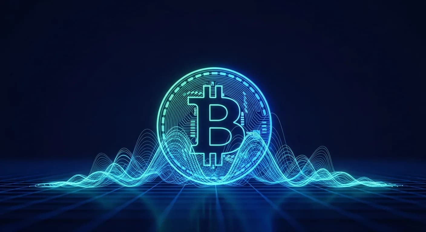Abstract editorial data-visualization illustration in balanced, blue-toned tones representing BTC and the broader cryptocurrency market — crypto scenario analysis.