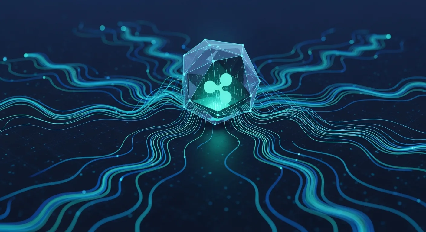 Abstract editorial data-visualization illustration in balanced, blue-toned tones representing XRP and the broader cryptocurrency market — crypto scenario analysis.