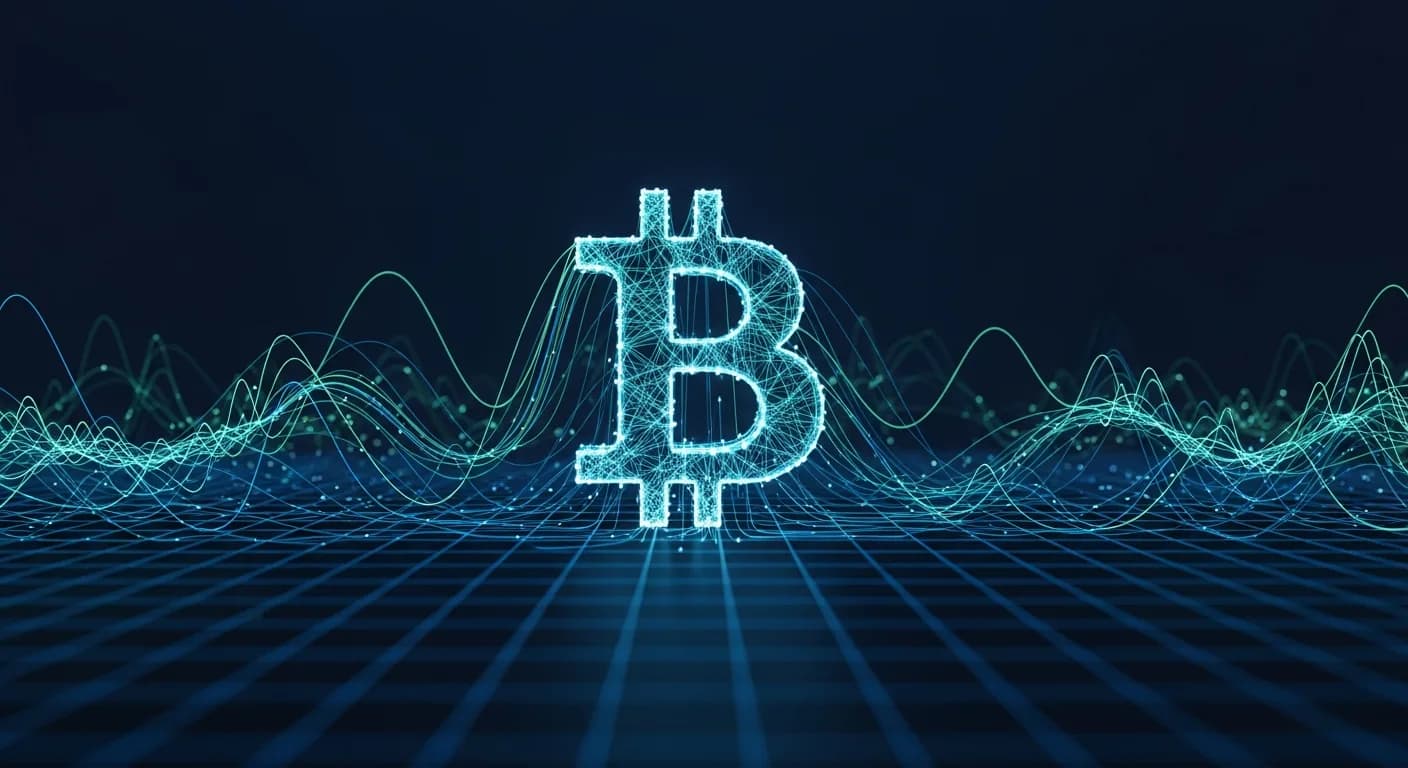 Abstract editorial data-visualization illustration in balanced, blue-toned tones representing BTC and the broader cryptocurrency market — crypto scenario analysis.