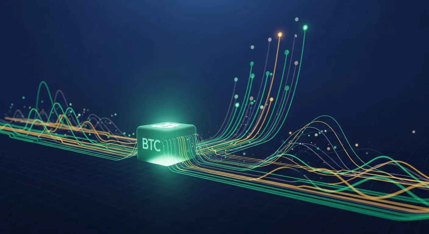Abstract editorial data-visualization illustration in emerald-green, upward-flowing tones representing BTC and the broader cryptocurrency market — crypto scenario analysis.