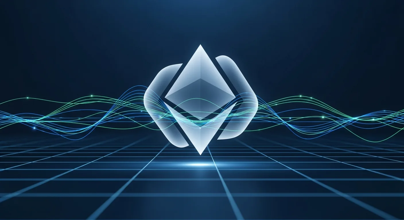 Abstract editorial data-visualization illustration in balanced, blue-toned tones representing ETH and the broader cryptocurrency market — crypto scenario analysis.
