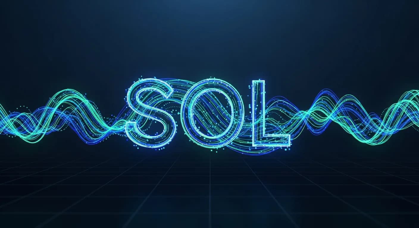 Abstract editorial data-visualization illustration in balanced, blue-toned tones representing SOL and the broader cryptocurrency market — crypto scenario analysis.