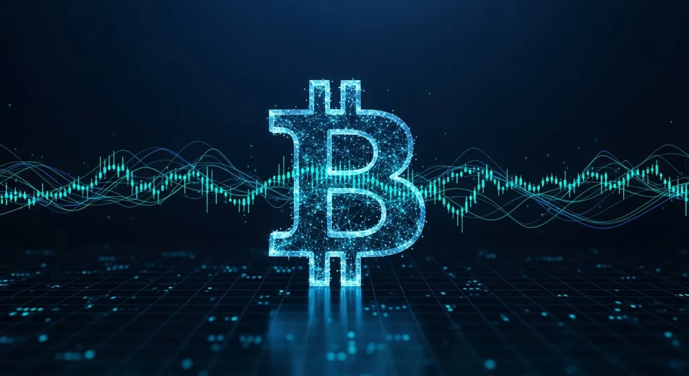 Abstract editorial data-visualization illustration in balanced, blue-toned tones representing BTC and the broader cryptocurrency market — crypto scenario analysis.