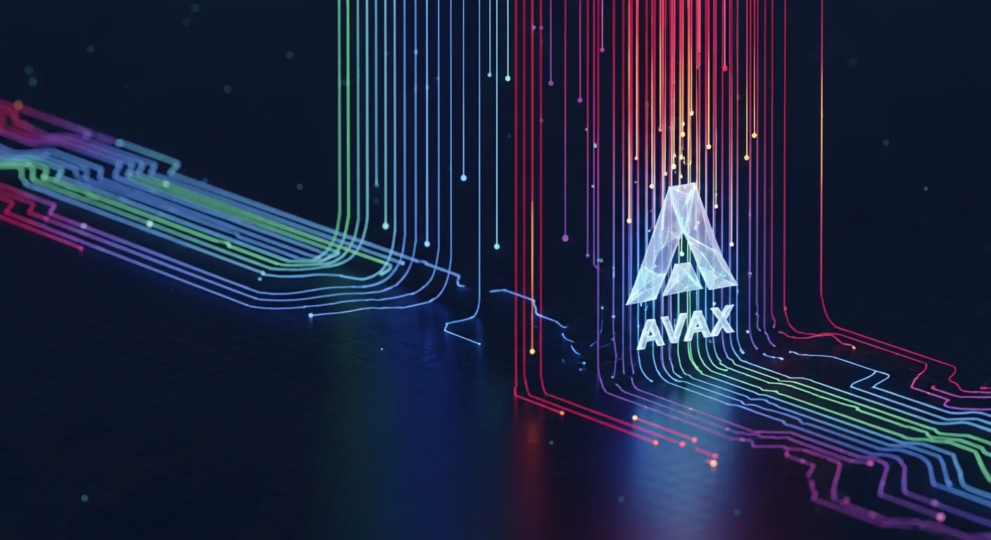 Abstract editorial data-visualization illustration in crimson, downward-flowing tones representing AVAX and the broader cryptocurrency market — crypto scenario analysis.