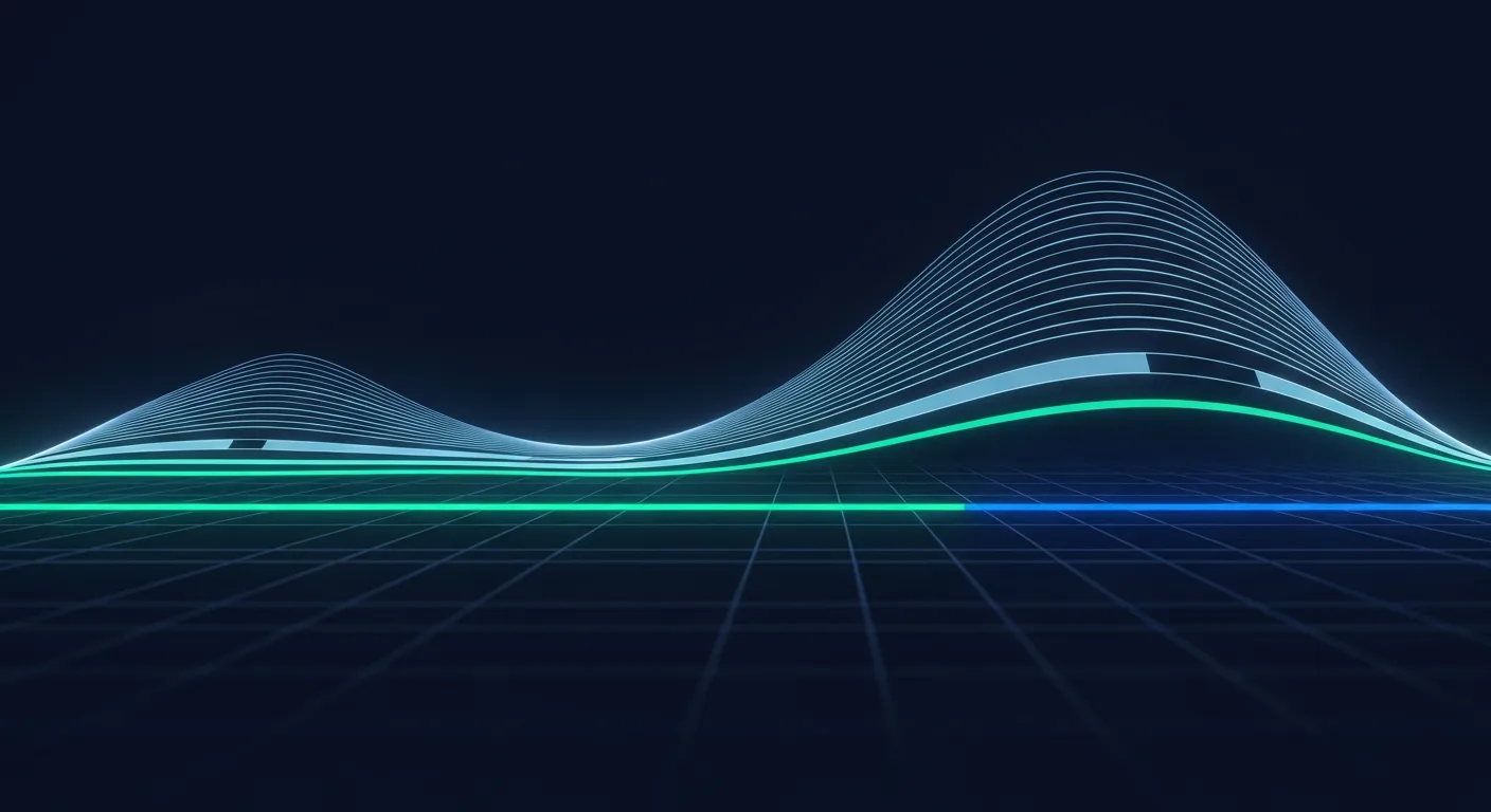 Abstract editorial data-visualization illustration in balanced, blue-toned tones representing SHIB and the broader cryptocurrency market — crypto scenario analysis.