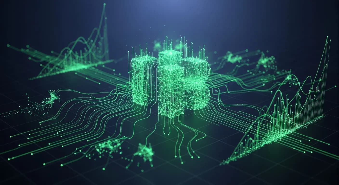Abstract editorial data-visualization illustration in emerald-green, upward-flowing tones representing BTC and the broader cryptocurrency market — crypto scenario analysis.