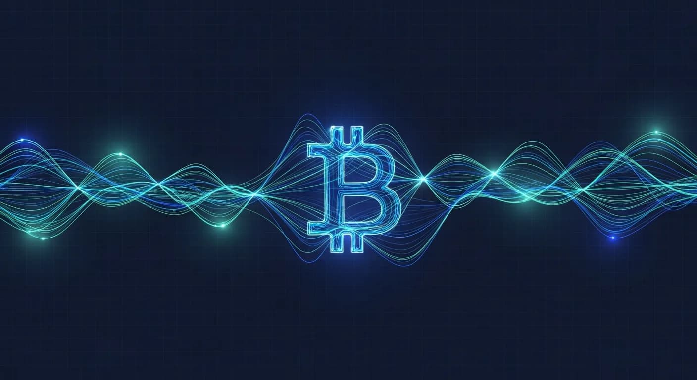 Abstract editorial data-visualization illustration in balanced, blue-toned tones representing BTC and the broader cryptocurrency market — crypto scenario analysis.