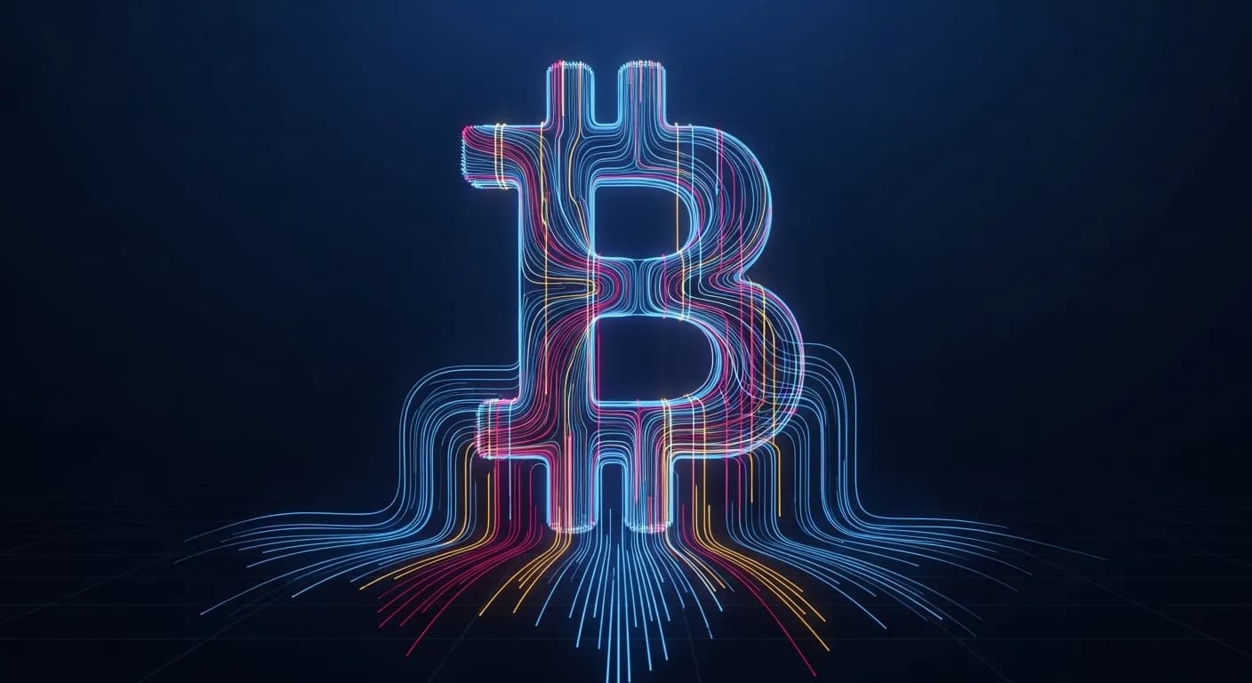 Abstract editorial data-visualization illustration in crimson, downward-flowing tones representing BTC and the broader cryptocurrency market — crypto scenario analysis.
