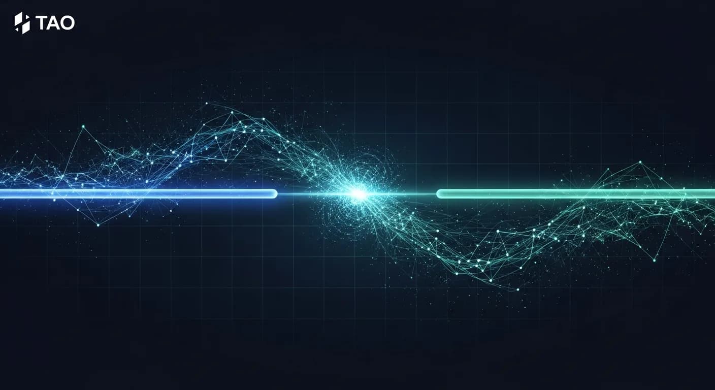Abstract editorial data-visualization illustration in balanced, blue-toned tones representing TAO and the broader cryptocurrency market — crypto scenario analysis.