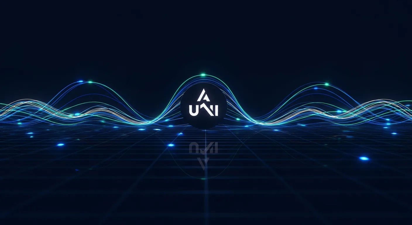 Abstract editorial data-visualization illustration in balanced, blue-toned tones representing UNI and the broader cryptocurrency market — crypto scenario analysis.