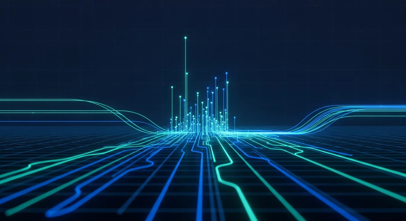 Abstract editorial data-visualization illustration in balanced, blue-toned tones representing the cryptocurrency and digital-asset market — crypto scenario analysis.