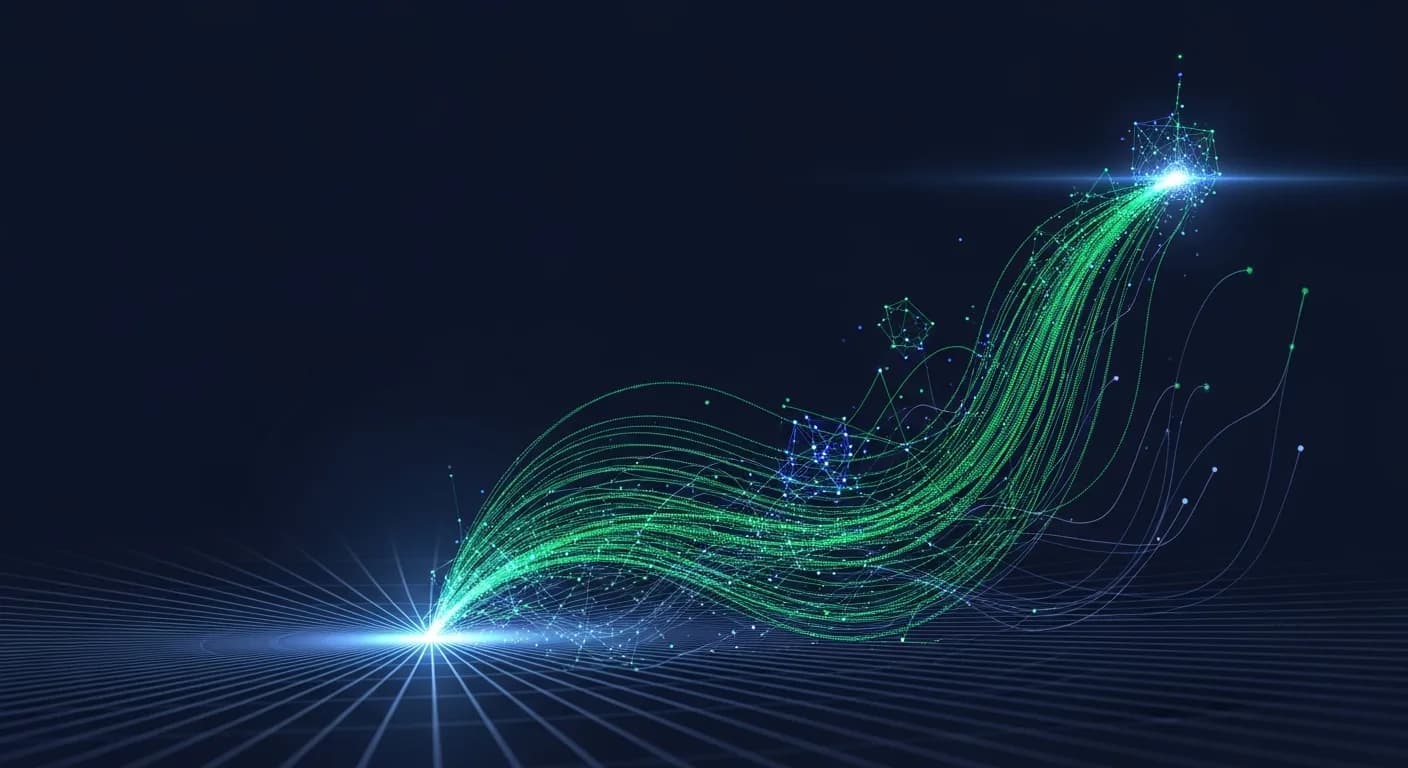 Abstract editorial data-visualization illustration in emerald-green, upward-flowing tones representing HYPE and the broader cryptocurrency market — crypto scenario analysis.