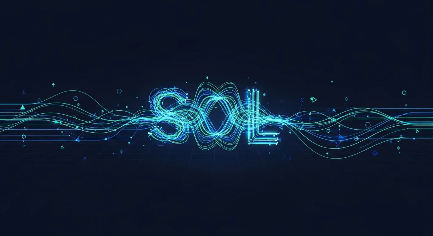 Abstract editorial data-visualization illustration in balanced, blue-toned tones representing SOL and the broader cryptocurrency market — crypto scenario analysis.