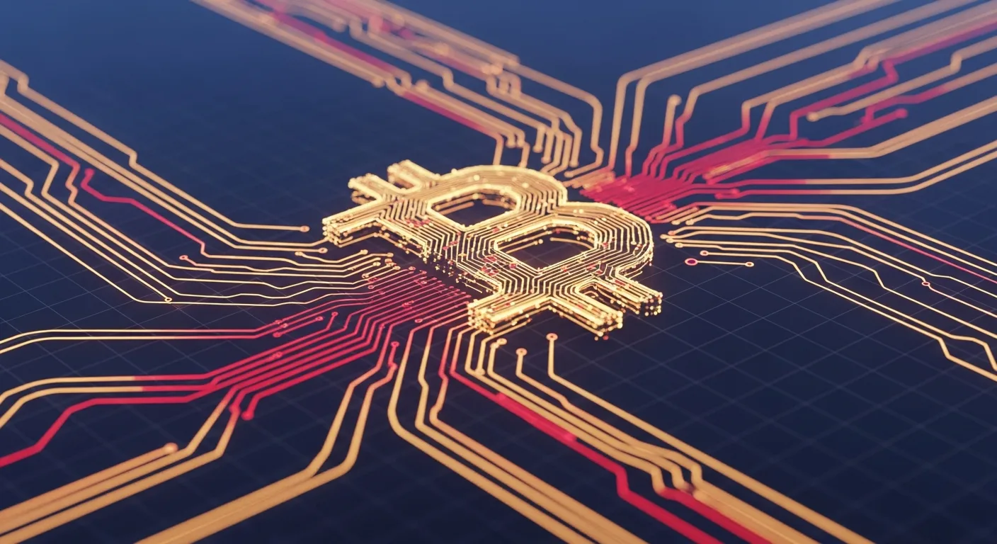 Abstract editorial data-visualization illustration in crimson, downward-flowing tones representing BTC and the broader cryptocurrency market — crypto scenario analysis.